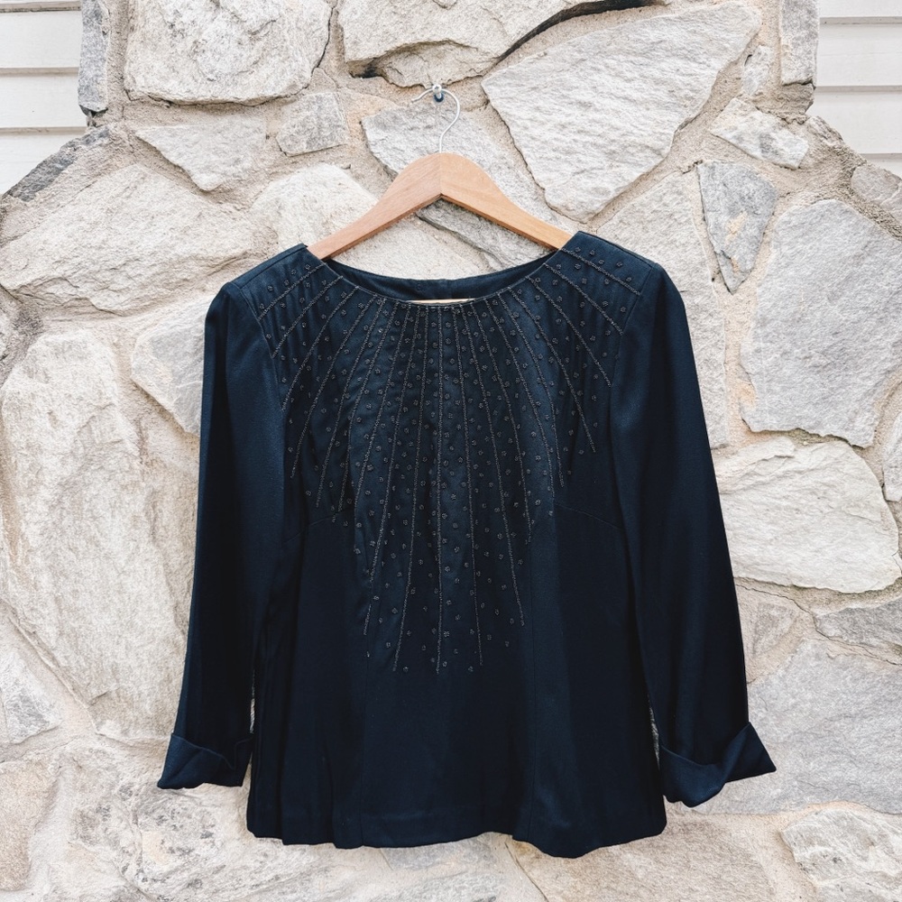 Vintage Beaded Black 3/4 Sleeve Blouse